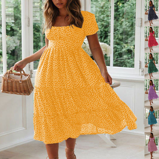 Square Collar Short Sleeve Dress Summer Puff Floral Printed Dress Long Dresses - KuzuSHOP