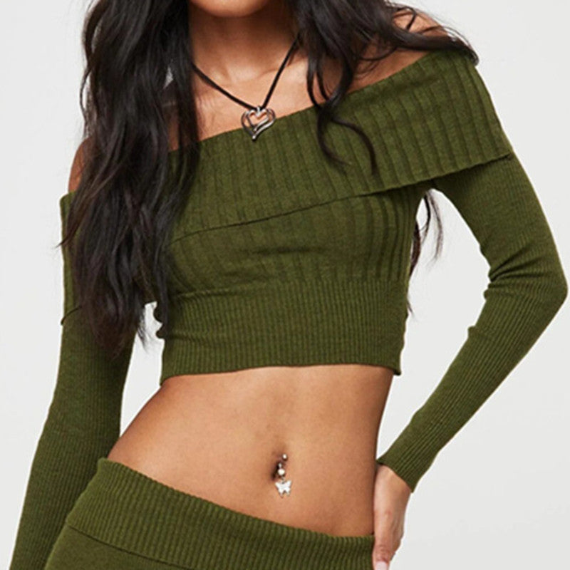 Boat Neck Long Sleeve Knitted Sweater Off-shoulder Crop Short Top SFor Womens Clothing - KuzuSHOP