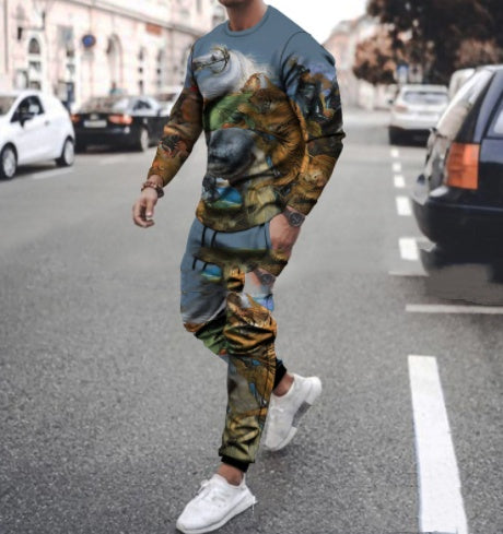 Round Neck T Shirt Long Sleeve Sports Pants Two Piece Set - KuzuSHOP