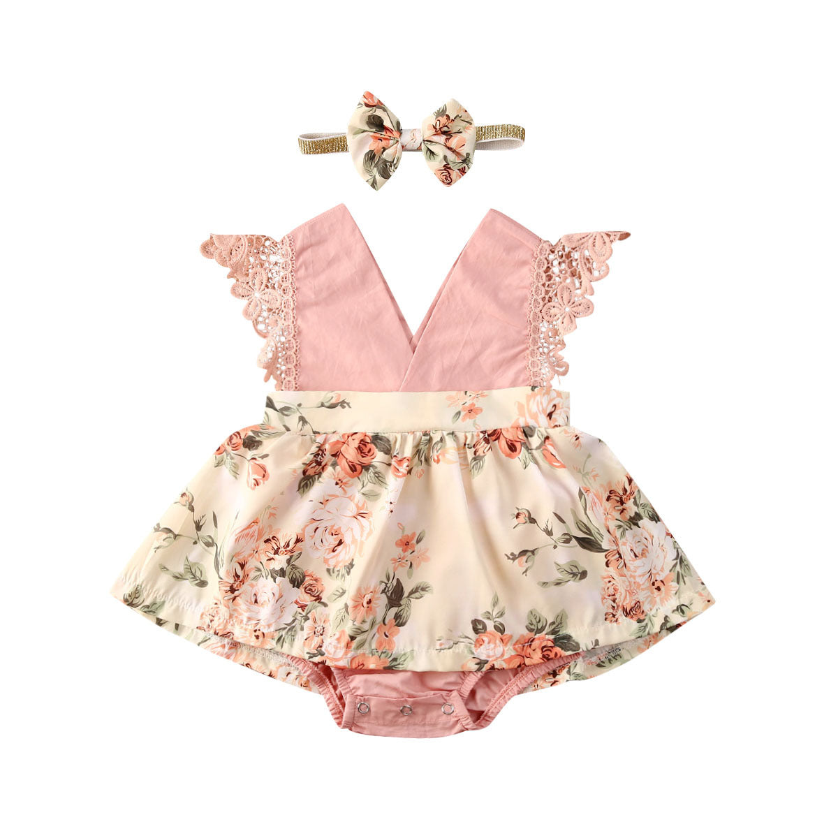 Girl Princess Clothes Baby Romper Girls Floral Lace V Neck Sleeveless  Jumpsuit Newborn Headband Kid Outfits Summer Clothing - KuzuSHOP