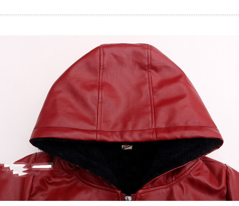 PU Leather Jacket Children's Wear Hooded Padded Coat - KuzuSHOP