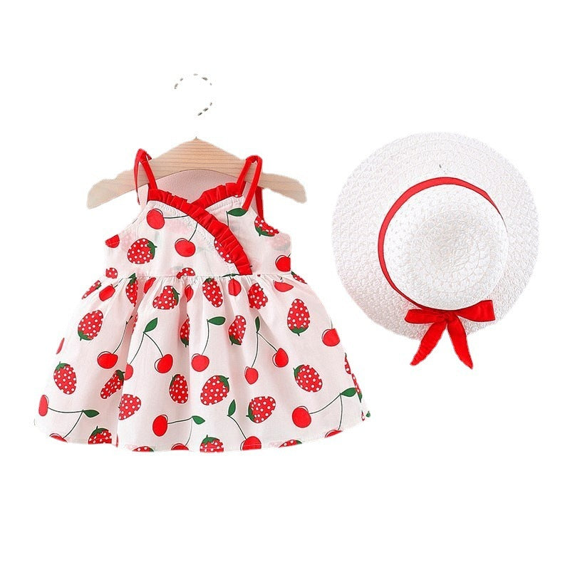 Printed Shoulder Collar Suspender Dress Western Style Sleeveless Princess Dress With Straw Hat - KuzuSHOP