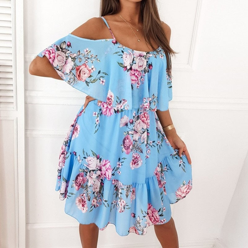 Flower Printed Ruffled Suspender Dress Summer Off-the-shoulder Strap Dresses Women - KuzuSHOP