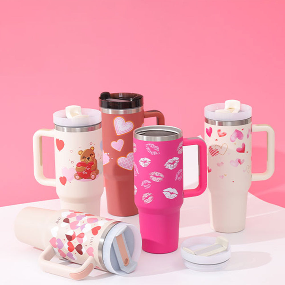 40 Oz Tumbler With Handle Straw Insulated, Stainless Steel Spill Proof Vacuum Coffee Cup Tumbler With Lid Tapered Mug Gifts For Valentine Lover Suitable For Car Gym Office Travel - KuzuSHOP