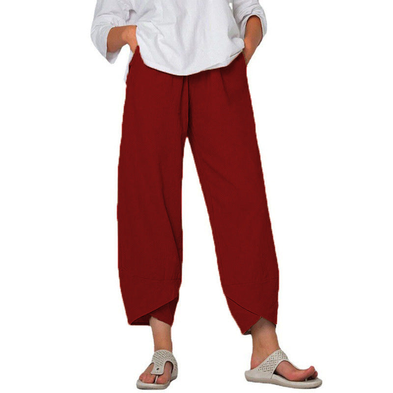 Cotton And Linen Wide Leg Pants Solid Color High Waist Loose Casual Trousers For Women - KuzuSHOP