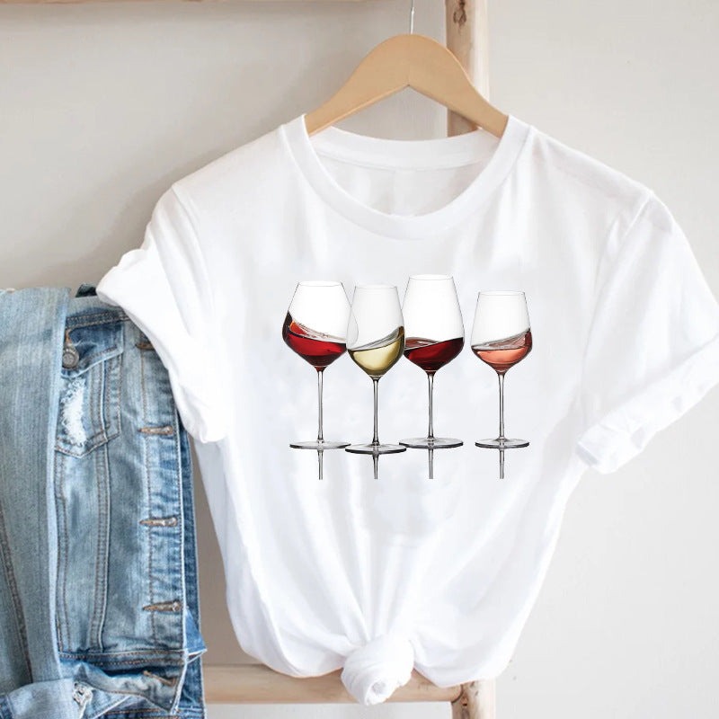 Women Printing Clothing Wine Lady Short Sleeve Casual - KuzuSHOP