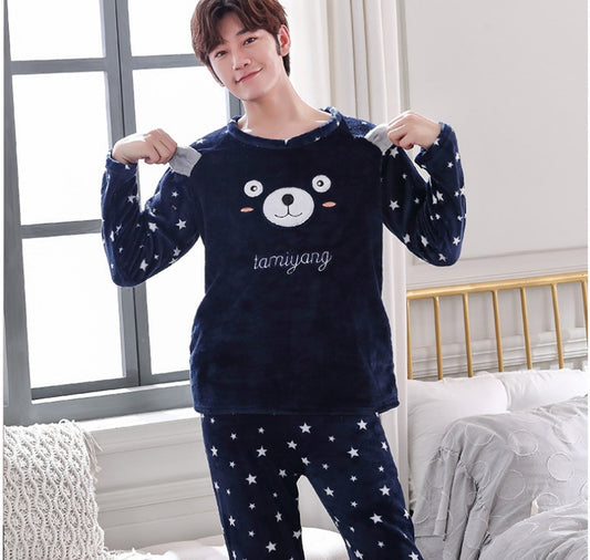 Coral Velvet Thickened Plus Velvet Cartoon Men's Pajamas - KuzuSHOP