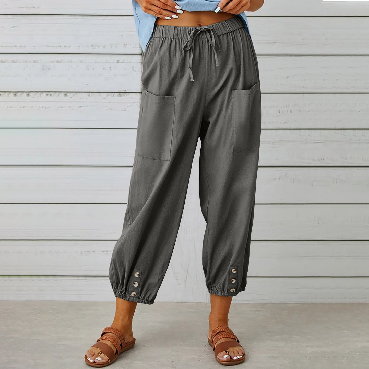 Women Drawstring Tie Pants Spring Summer Cotton And Linen Trousers With Pockets Button - KuzuSHOP