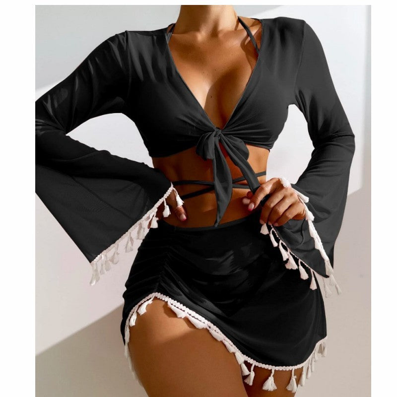 Solid Color Bikini With Short Skirt And Long Sleeve Cover-up Fashion Bow Tie Fringed Swimsuit Set Summer Beach Womens Clothing - KuzuSHOP