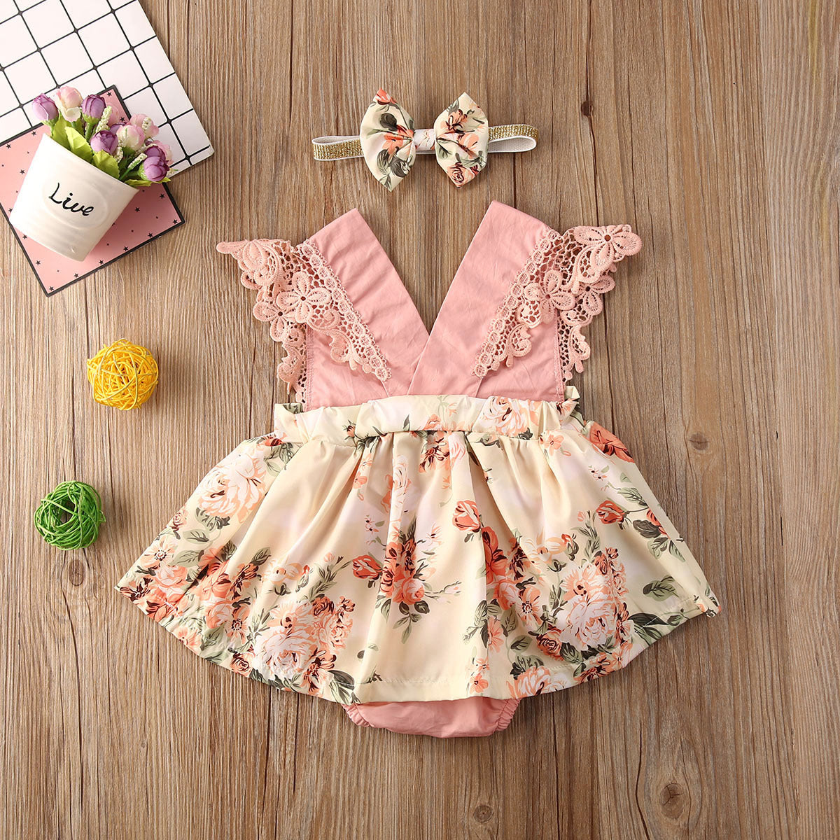 Girl Princess Clothes Baby Romper Girls Floral Lace V Neck Sleeveless  Jumpsuit Newborn Headband Kid Outfits Summer Clothing - KuzuSHOP