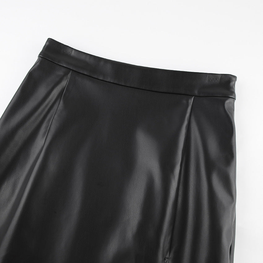 Slit Leather Sexy Mid Length Skirt High Waist Skirt - KuzuSHOP