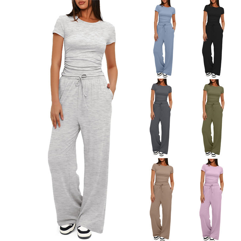 2pcs Solid Color Casual Sports Yoga Suit Short-sleeved Top And High-waisted Drawstring Wide-leg Pants Summer Fashion Set For Womens Clothing - KuzuSHOP