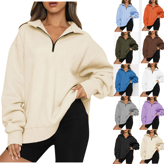 Women Sweatshirts Zip Turndown Collar Loose Casual Tops Clothes - KuzuSHOP