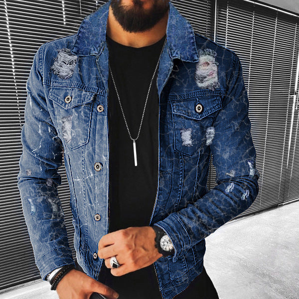 Fashion Print Distressed Print Denim Jacket Men's - KuzuSHOP