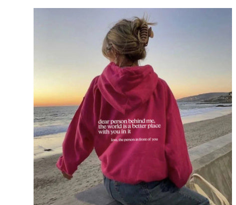 Dear Person Behind Me,the World Is A Better Place,with You In It,love,the Person In Front Of You ,Sweatshirt Letter Slogan Printed Kangaroo Pocket Drawstring - KuzuSHOP