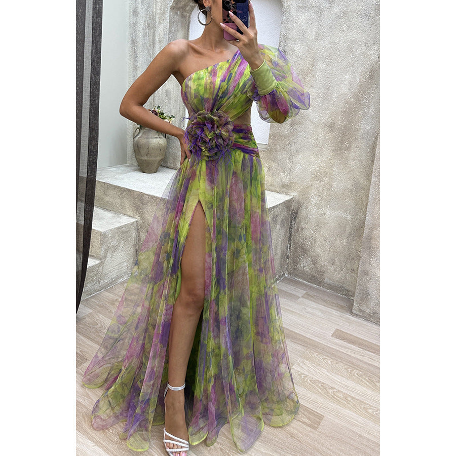 Mesh Tie-dye Printed Off-shoulder Slit Dress Summer INS Fashion Long Dress Party Womens Clothing - KuzuSHOP