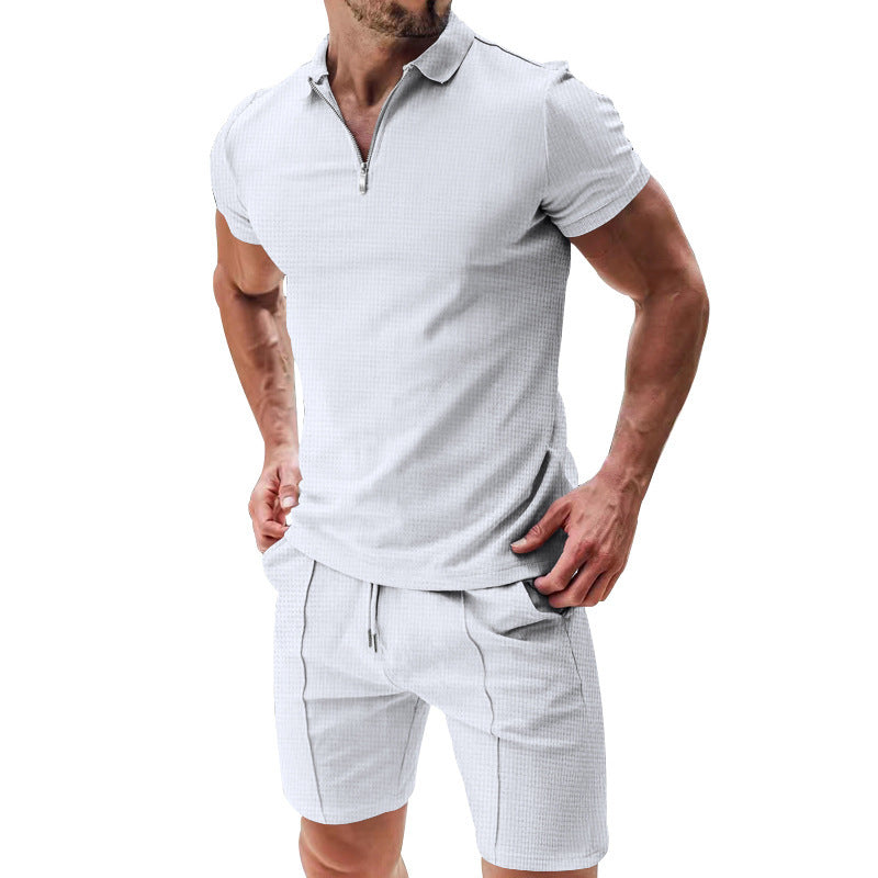 2Pcs Casual Waffle Suit Summer Zipper Lapel Short-sleeved Top And Drawstring Pockets Shorts Versatile Solid Color T-shirt Set For Mens Clothing - KuzuSHOP