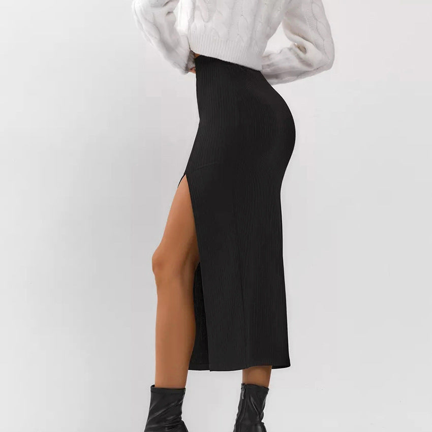 Women's Black Straight Split Skirt - KuzuSHOP