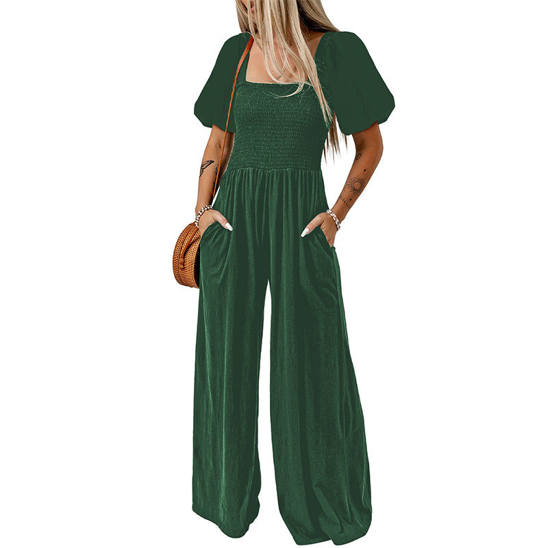 Women's Square Collar Short Sleeve Jumpsuit - KuzuSHOP