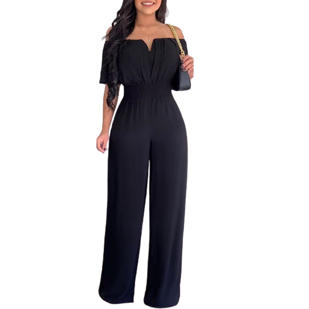 Women's Off-neck Waist Trimming Loose Straight Jumpsuit - KuzuSHOP