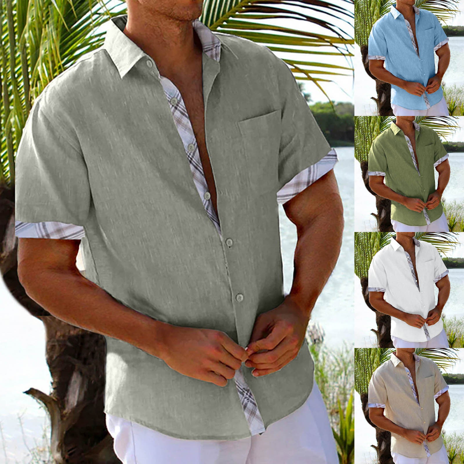 Vacation Short Sleeve Shirts With Plaid Side Summer Hawaii Beach Top Mens Clothing - KuzuSHOP