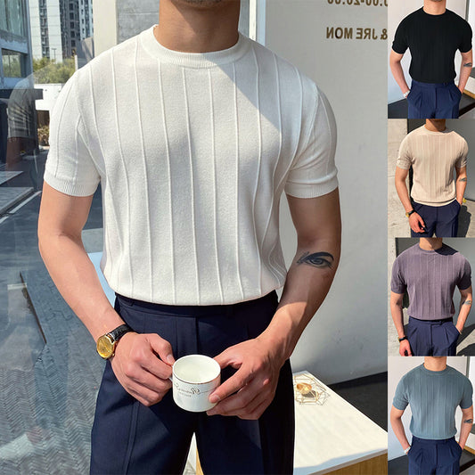 Short Sleeve Knitted T-shirt Summer Men's Light Round Neck Thin Tops - KuzuSHOP