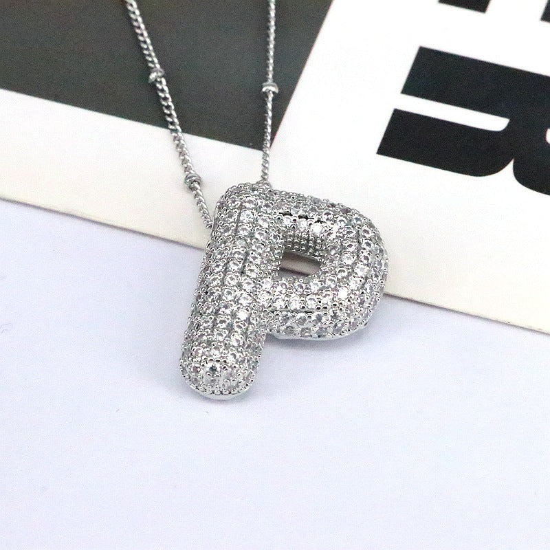 Brass Zircon Bubble Balloon Letter Pendant Necklace For Women - KuzuSHOP