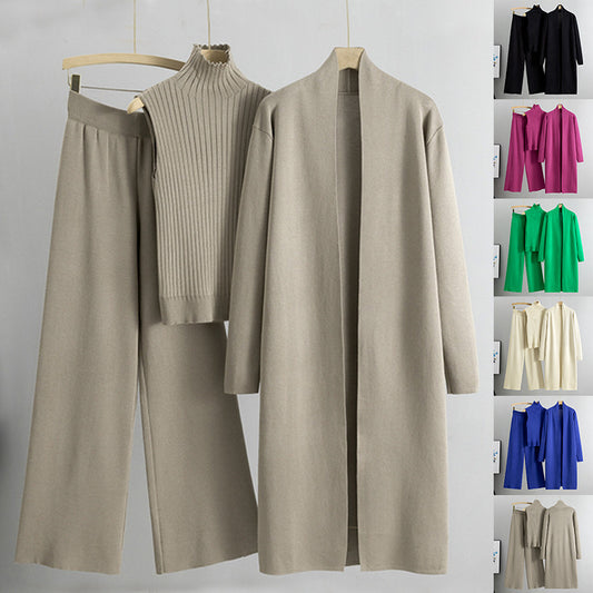 3pcs Suits Women Fashion Knitting Sleeveless Vest Sweater Long Cardigan And Wide-leg Pants Three-piece Set - KuzuSHOP