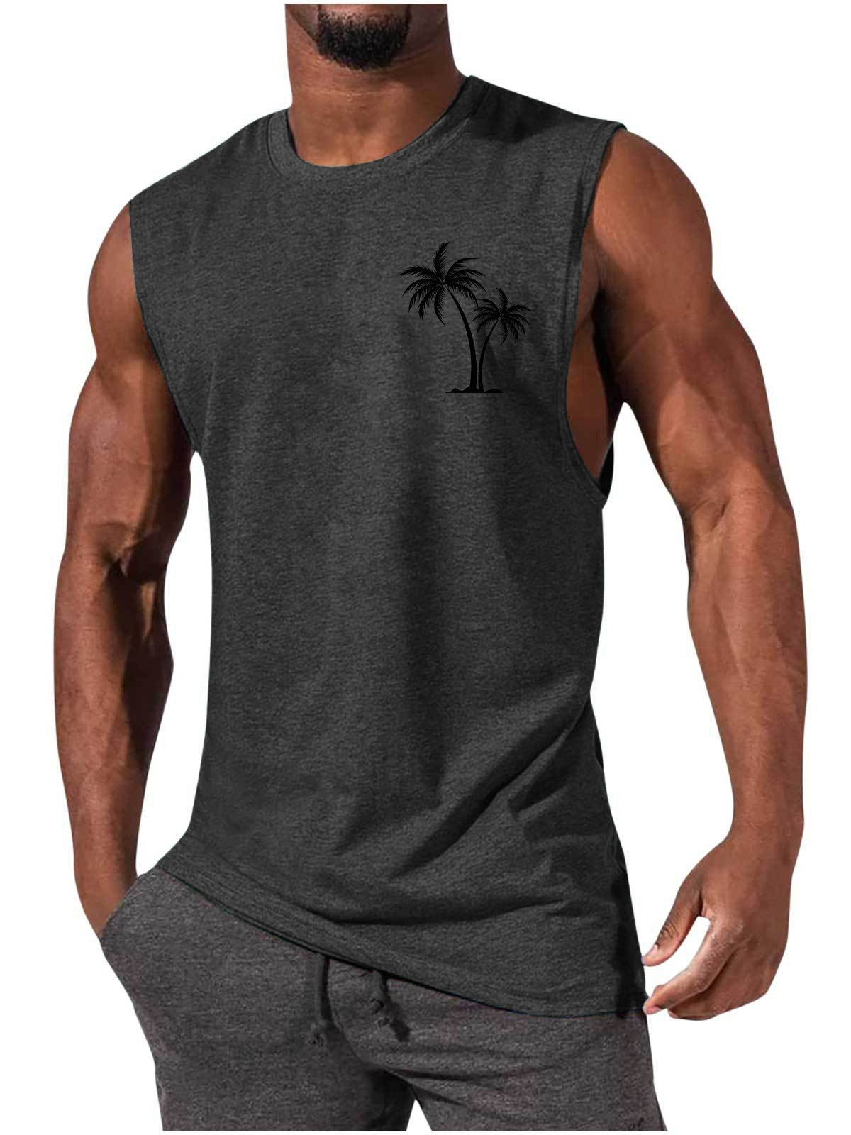 Coconut Tree Embroidery Vest Summer Beach Tank Tops Workout Muscle Men Sports Fitness T-shirt - KuzuSHOP