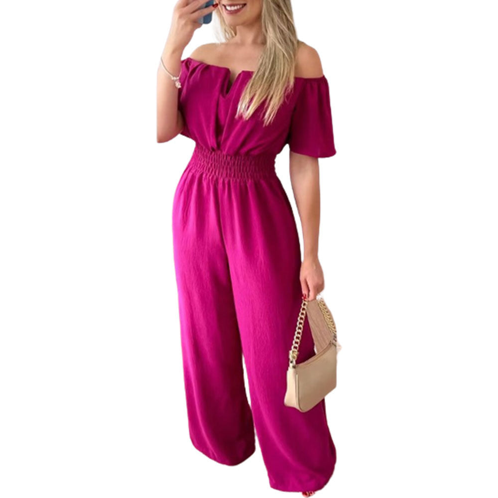 Women's Off-neck Waist Trimming Loose Straight Jumpsuit - KuzuSHOP