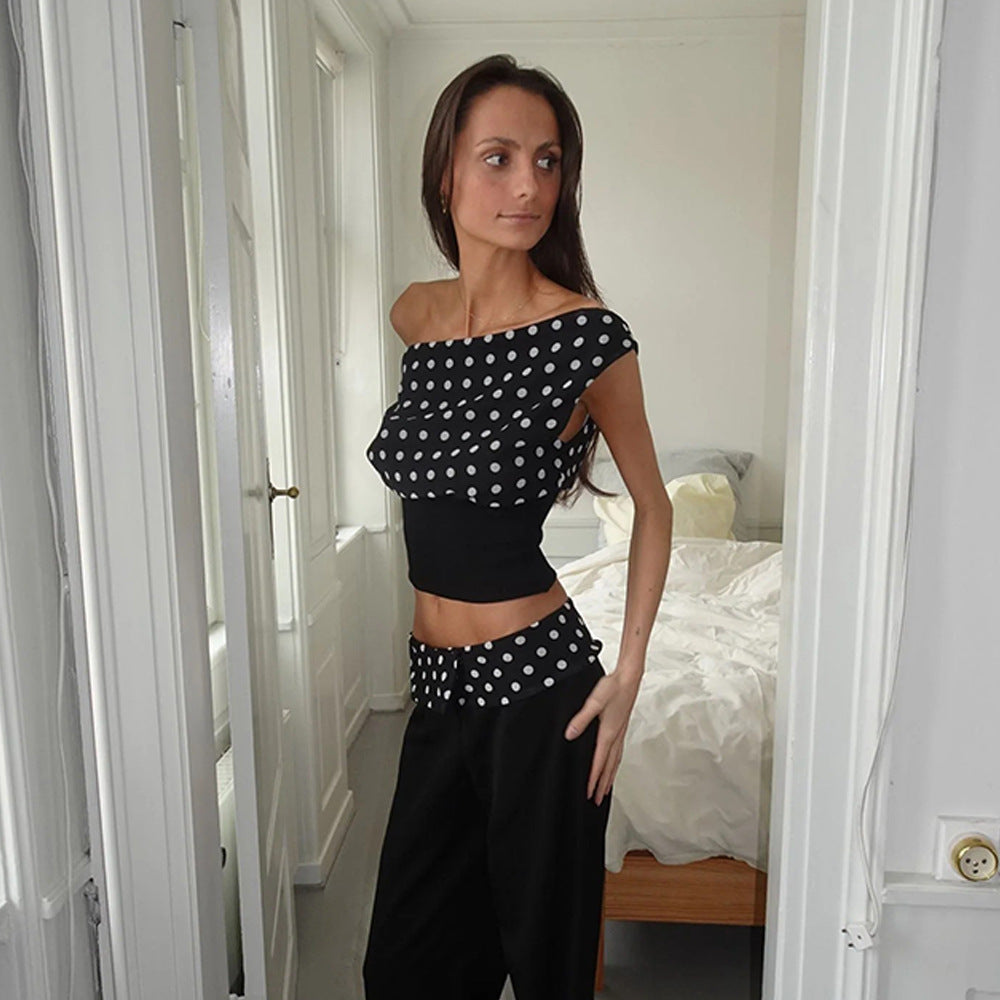 Polka Dots Print Oblique Shoulder Tops Summer Patchwork Chiffon Crop Top Women Sexy Sleeveless Lace Up Backless Blouse Casual Streetwear Tee - KuzuSHOP
