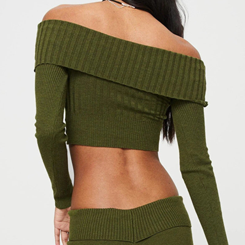 Boat Neck Long Sleeve Knitted Sweater Off-shoulder Crop Short Top SFor Womens Clothing - KuzuSHOP