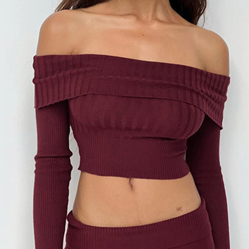 Boat Neck Long Sleeve Knitted Sweater Off-shoulder Crop Short Top SFor Womens Clothing - KuzuSHOP