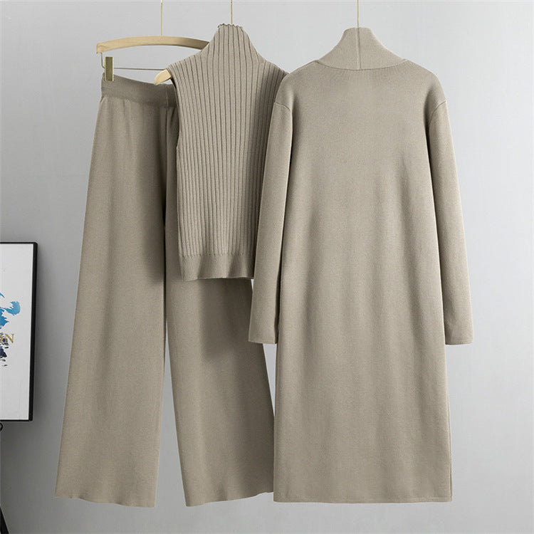 3pcs Suits Women Fashion Knitting Sleeveless Vest Sweater Long Cardigan And Wide-leg Pants Three-piece Set - KuzuSHOP