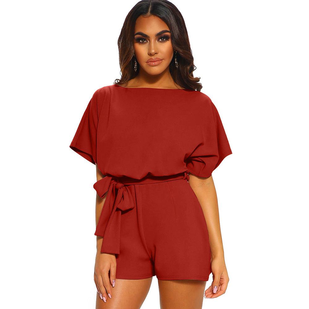 Women's Round Neck Short-sleeved Lace-up Jumpsuit - KuzuSHOP