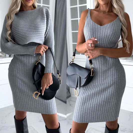 2pcs Suit Women's Solid Stripe Long-sleeved Top And Tight Suspender Skirt Fashion Autumn Winter Slim Clothing - KuzuSHOP