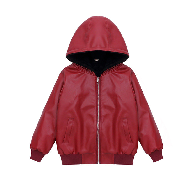PU Leather Jacket Children's Wear Hooded Padded Coat - KuzuSHOP