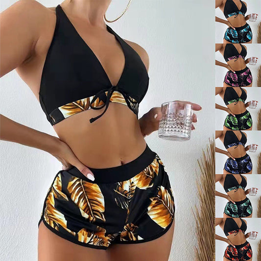 3pcs Leaf Print Bikini With Shorts Fashion Summer Beach Swimsuit Womens Clothing - KuzuSHOP