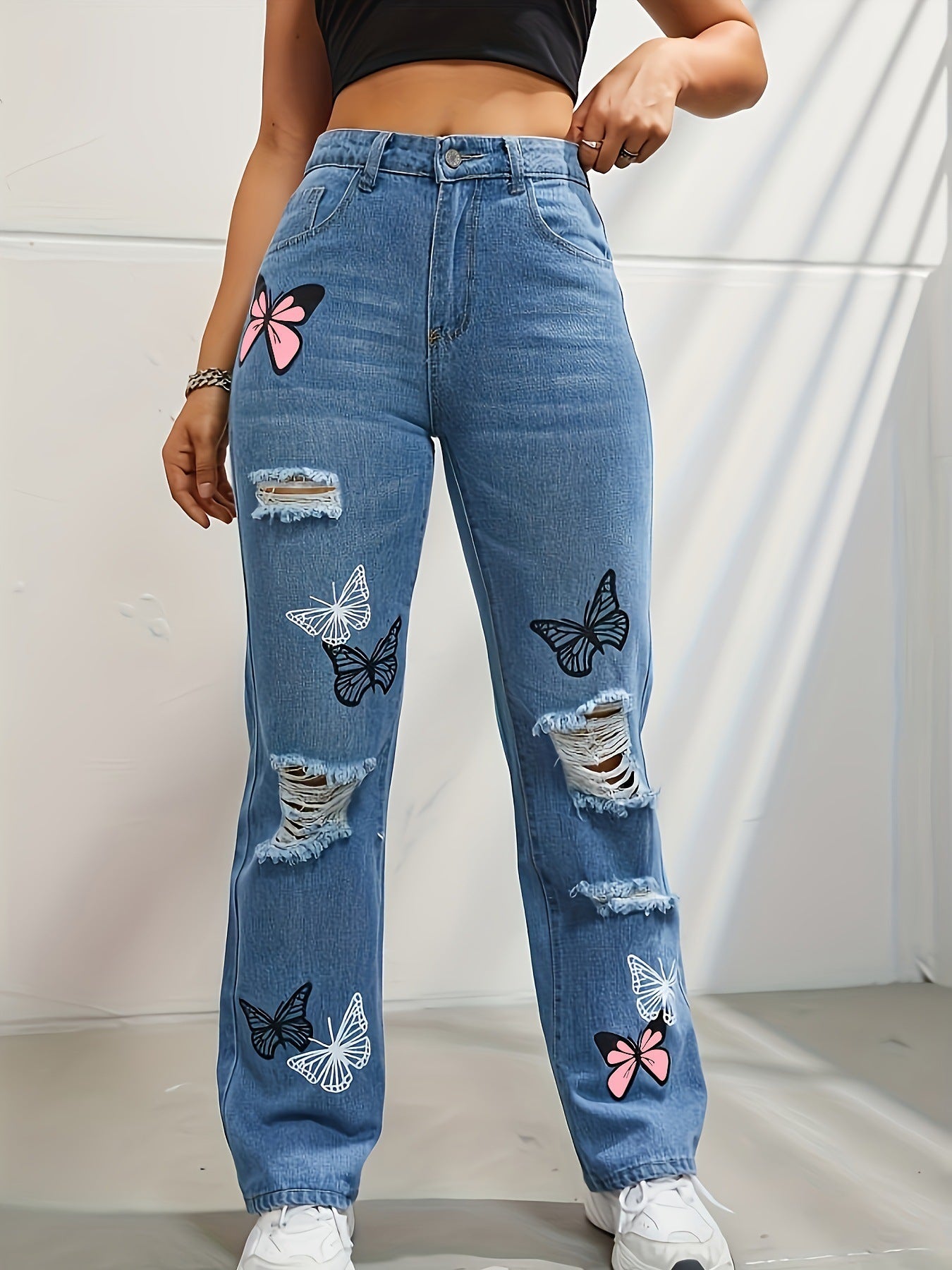 High Waisted Straight Leg Jeans For Women Trendy Butterfly Print Ripped Distressed Denim Pants - KuzuSHOP