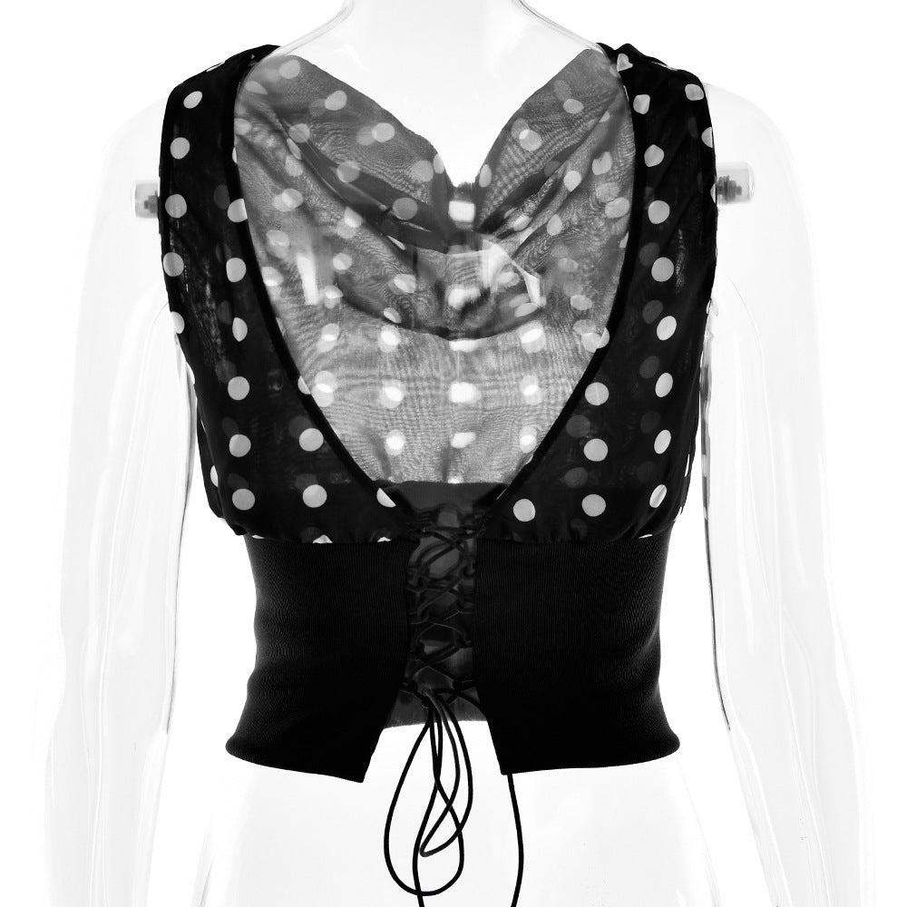 Polka Dots Print Oblique Shoulder Tops Summer Patchwork Chiffon Crop Top Women Sexy Sleeveless Lace Up Backless Blouse Casual Streetwear Tee - KuzuSHOP