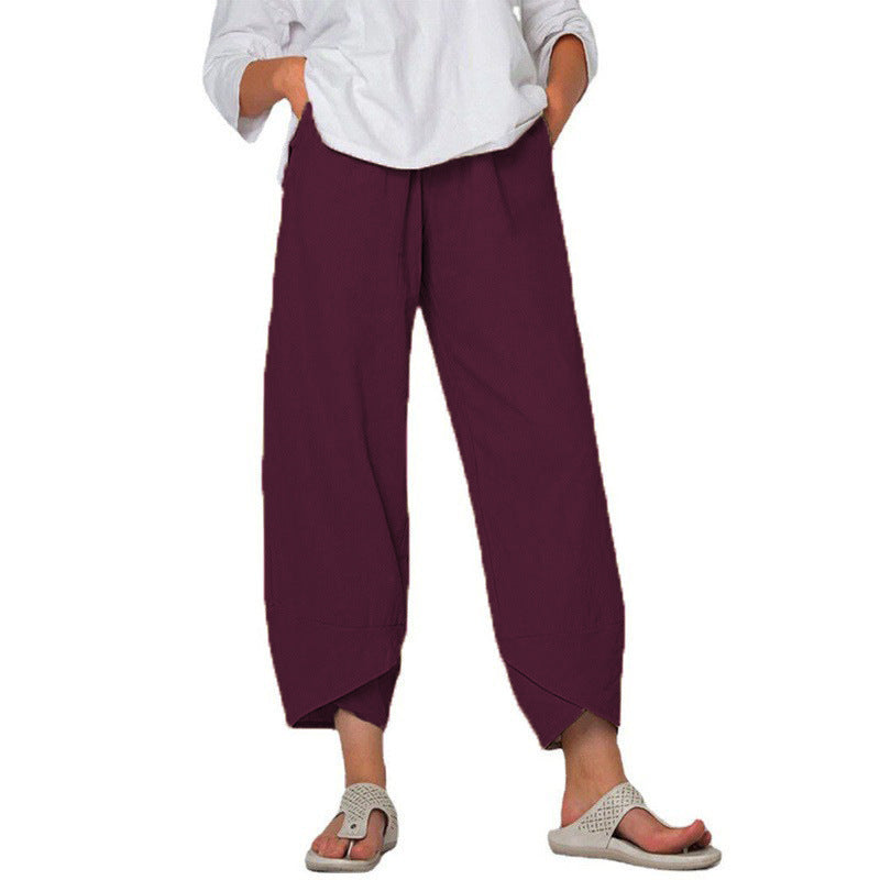 Cotton And Linen Wide Leg Pants Solid Color High Waist Loose Casual Trousers For Women - KuzuSHOP
