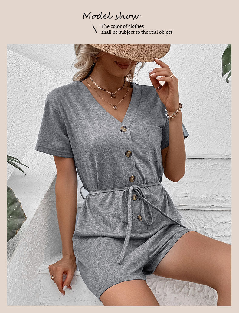 Women's Solid Color Casual White Belt Jumpsuit - KuzuSHOP