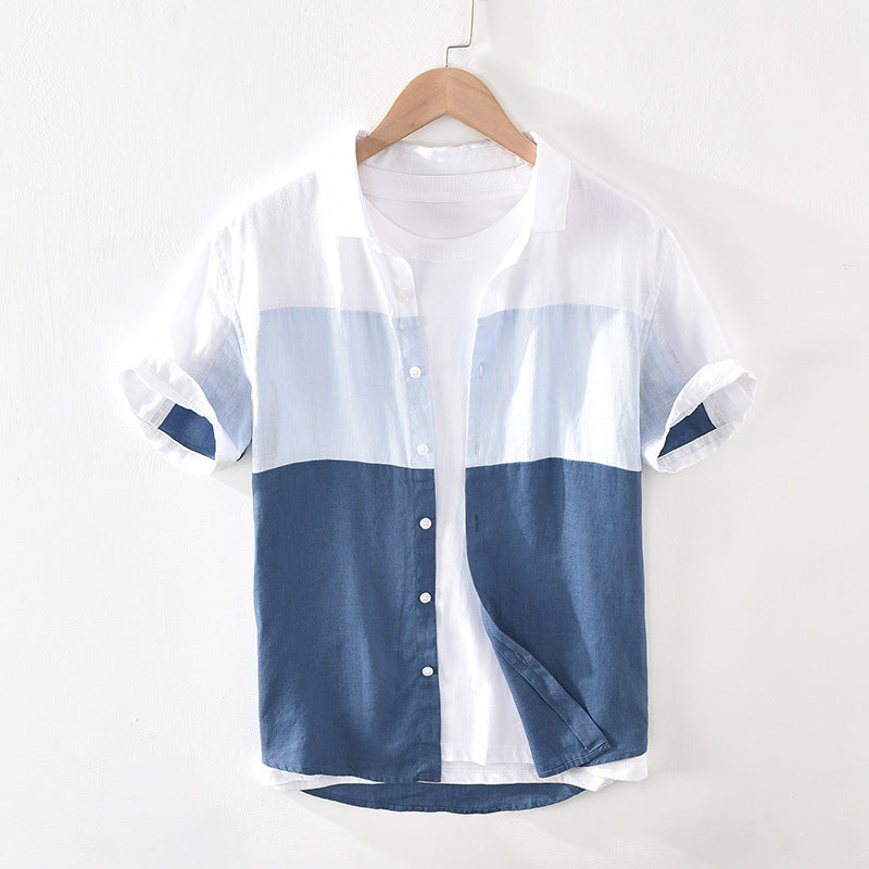 Men's Patchwork Linen Short Sleeve Shirt - KuzuSHOP