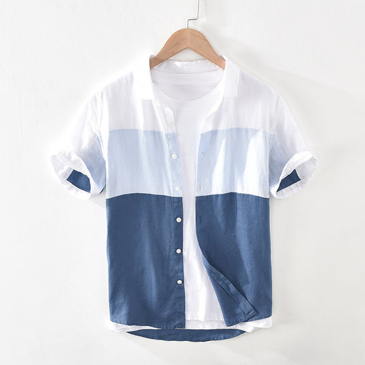 Men's Patchwork Linen Short Sleeve Shirt - KuzuSHOP