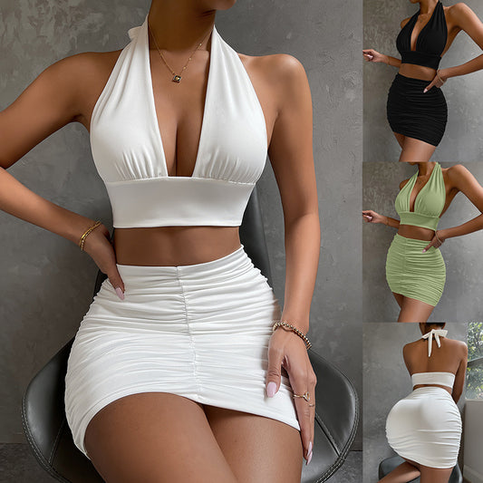 2pcs Dress Suits For Women Halter Lace-up Hip Top And Pleated Hip-covering Skirt - KuzuSHOP