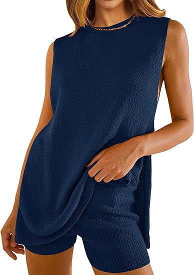 2pcs Women's Knitting Suit Summer Loose Round Neck Split Vest Top And Shorts Beach Clothing