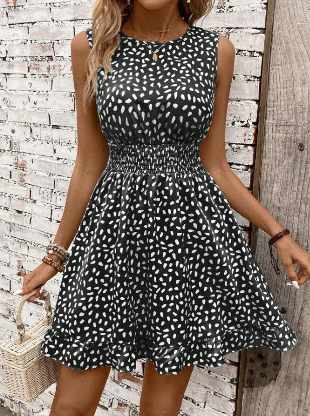 Women's Fashion Round Neck Sleeveless Waist Trimming Printing Dress - KuzuSHOP