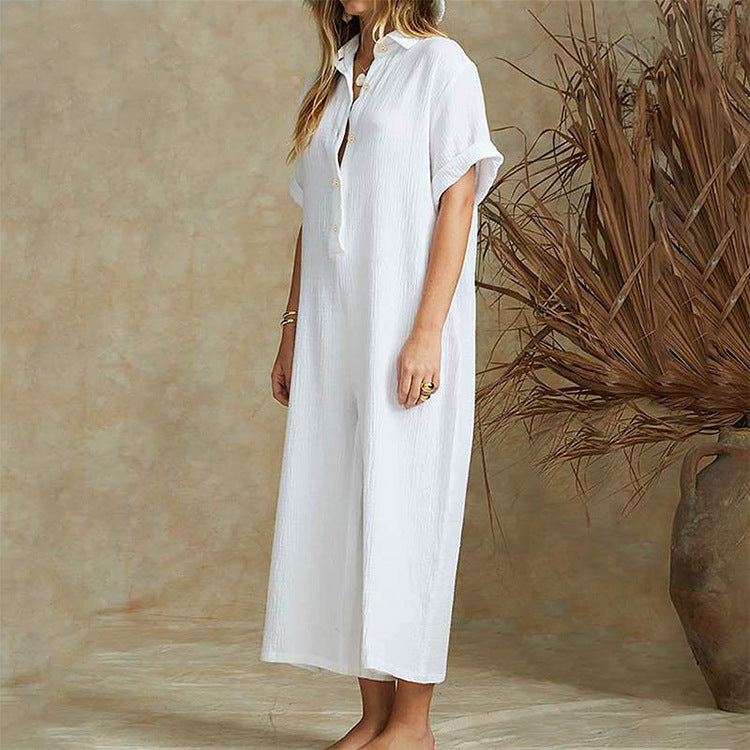 Casual Loose Long Jumpsuit Short Sleeve Rompers - KuzuSHOP