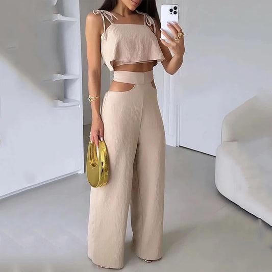 Cross-border Solid Color Sling Top Casual Hollow-out Trousers Suit - KuzuSHOP