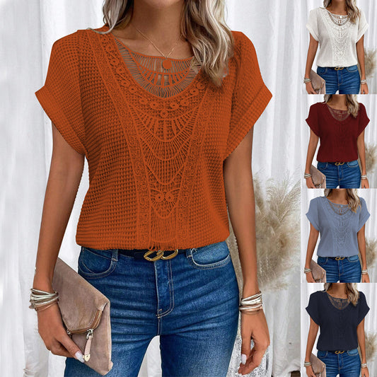 Summer Hollow Out Short-sleeved T-shirt Women's Clothing - KuzuSHOP